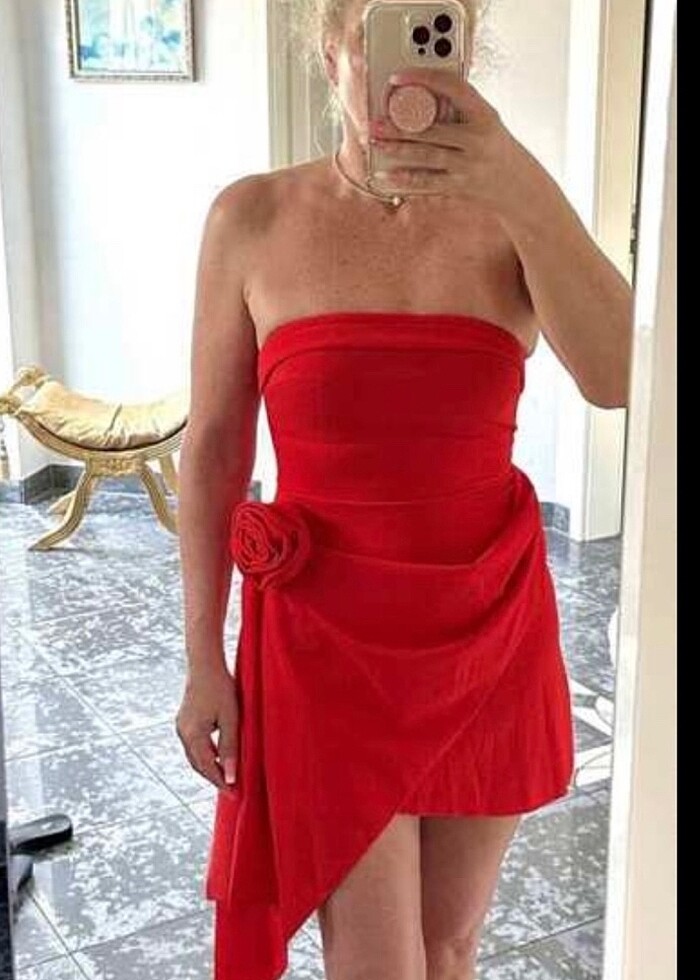 Kırmızı mini gül detaylı balo mezuniyet parti elbisesi - Görsel 4