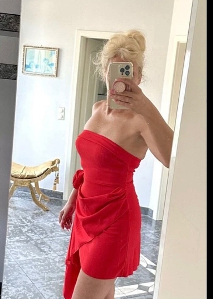 Kırmızı mini gül detaylı balo mezuniyet parti elbisesi - Görsel 5