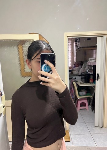 Kahverengi yarı balıkçı yaka crop body - Görsel 2