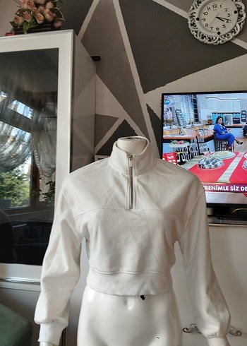 Zara Yarım Fermuarlı Beyaz Yüksek Yakalı Sweatshirt
