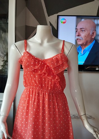 Koton Puantiyeli Pembe V Yaka Fırfırlı Midi Elbise