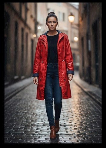 Düğmeli Kırmızı Midi Kadın Yağmurluk - Görsel 4