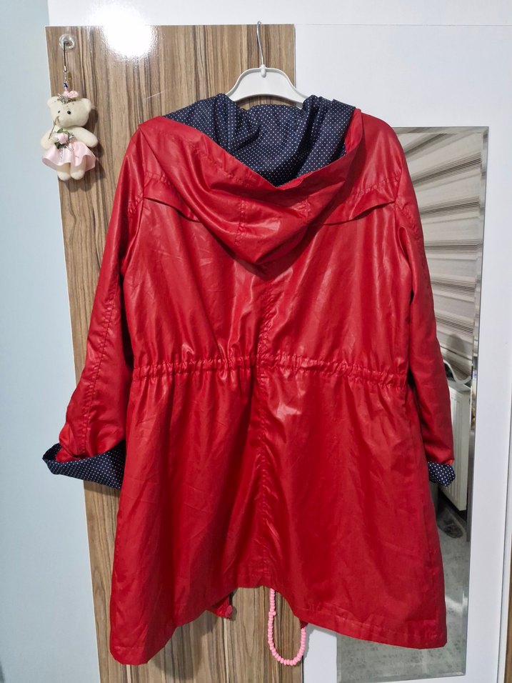 Düğmeli Kırmızı Midi Kadın Yağmurluk - Görsel 2