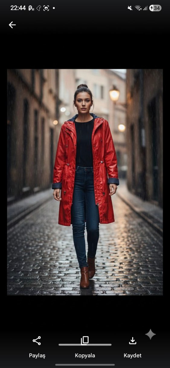 Düğmeli Kırmızı Midi Kadın Yağmurluk - Görsel 4