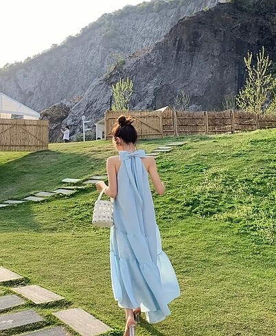 s Beden mavi Renk Açık mavi fiyonk uzun elbise