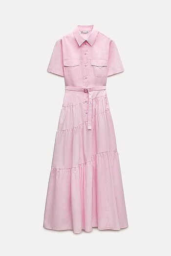 Zara pembe asimetrik uzun gömlek elbise