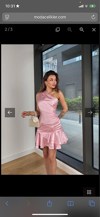 Tek kol pembe saten elbise