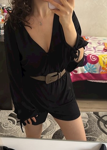 Kadın Siyah Deri Mini Tulum - Görsel 5