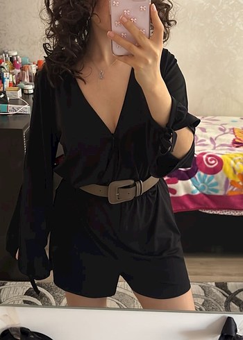 Kadın Siyah Deri Mini Tulum - Görsel 4