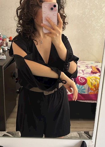 Kadın Siyah Deri Mini Tulum - Görsel 3