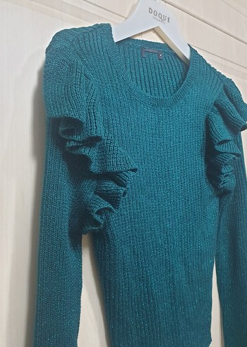 Yeşil Simli Uzun Kollu Triko Kadın Kazak - Görsel 3