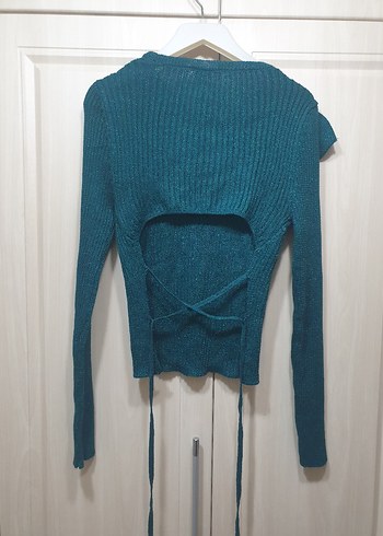 Yeşil Simli Uzun Kollu Triko Kadın Kazak - Görsel 2