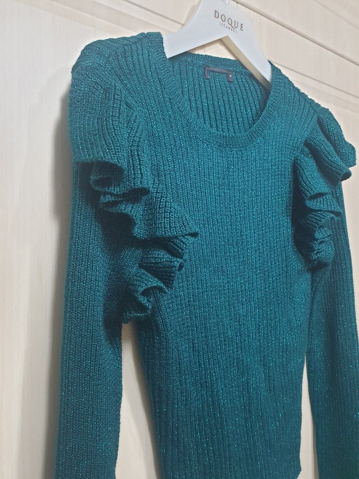 Yeşil Simli Uzun Kollu Triko Kadın Kazak - Görsel 3