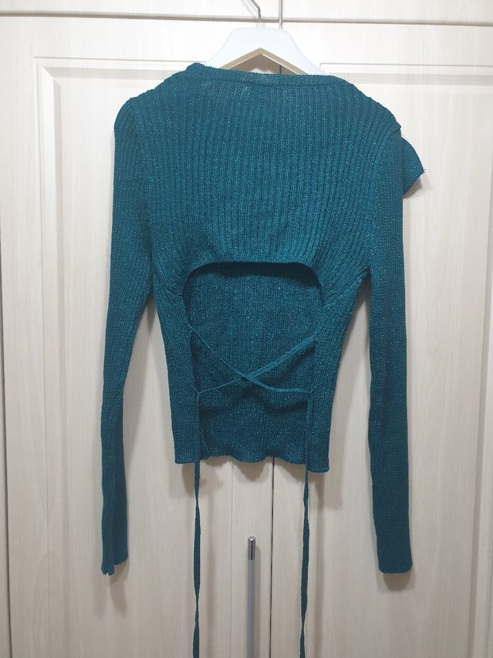 Yeşil Simli Uzun Kollu Triko Kadın Kazak - Görsel 2