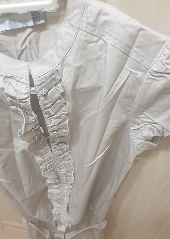 Krem Pamuklu Kısa Kollu Kemerli Elbise - Görsel 3