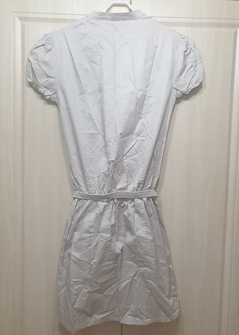 Krem Pamuklu Kısa Kollu Kemerli Elbise - Görsel 2