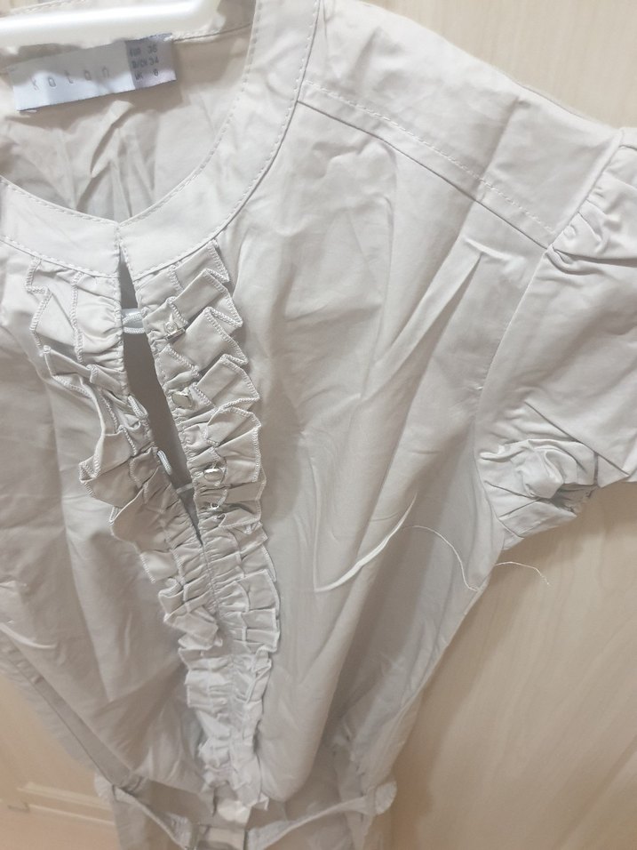 Krem Pamuklu Kısa Kollu Kemerli Elbise - Görsel 3