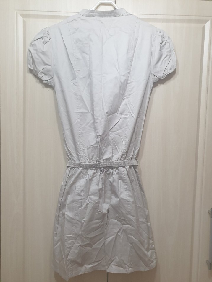 Krem Pamuklu Kısa Kollu Kemerli Elbise - Görsel 2