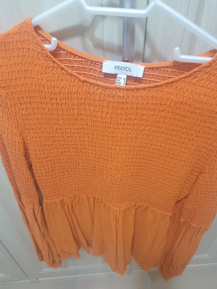 Turuncu Uzun Kollu Piliseli Kadın Bluz - Görsel 3