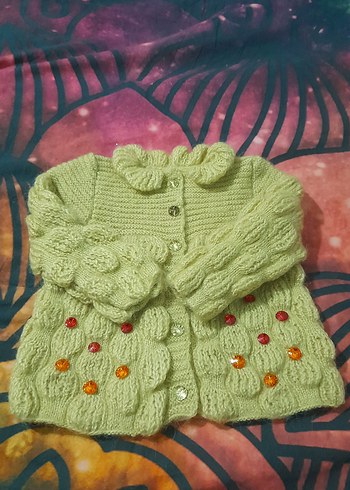 Fıstık Yeşili El örgüsü kız bebek hırkası - Görsel 3