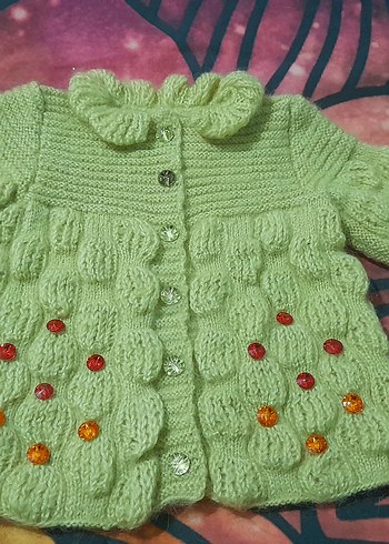 Fıstık Yeşili El örgüsü kız bebek hırkası - Görsel 4