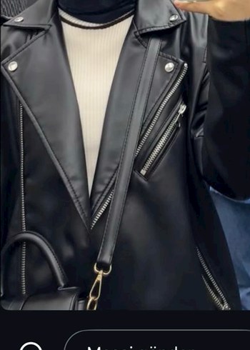 Kadın Siyah Deri Biker Ceket - Görsel 2