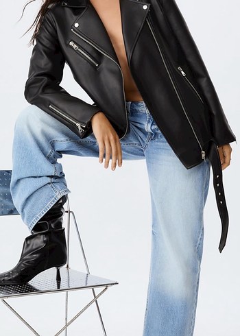 Kadın Siyah Deri Biker Ceket - Görsel 3