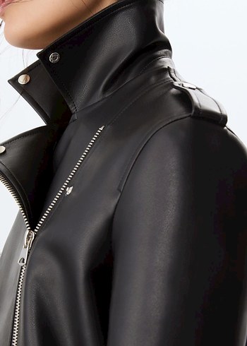 Kadın Siyah Deri Biker Ceket - Görsel 6