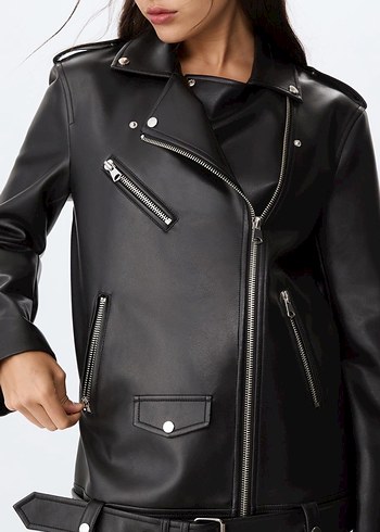 Kadın Siyah Deri Biker Ceket - Görsel 5