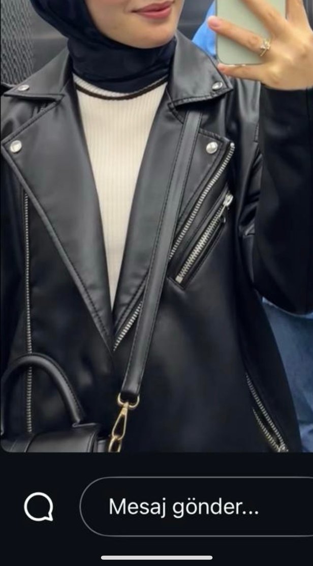 Kadın Siyah Deri Biker Ceket - Görsel 2