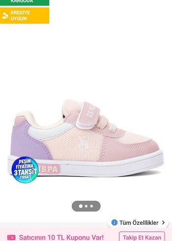 U.S Polo Assn. Kız Çocuk Pembe Velcro Bağcıklı Spor Ayakkabı