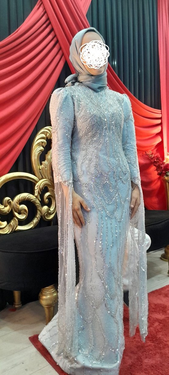 SATILIKK İşlemeli arkası ipli Mavi Uzun Abiye Elbise+ abiye şalı - Görsel 2