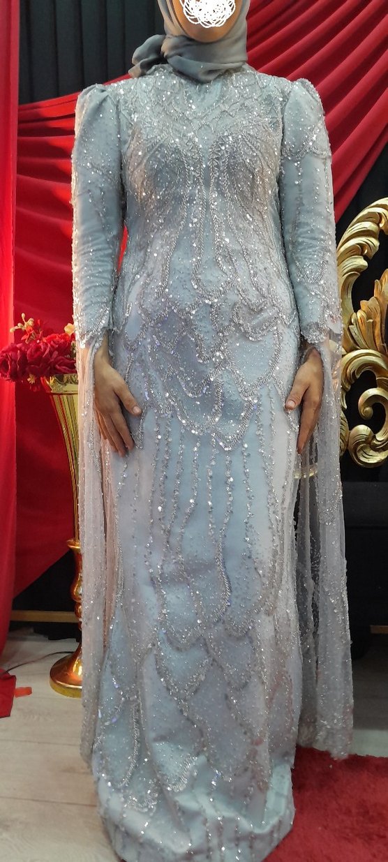 SATILIKK İşlemeli arkası ipli Mavi Uzun Abiye Elbise+ abiye şalı - Görsel 3