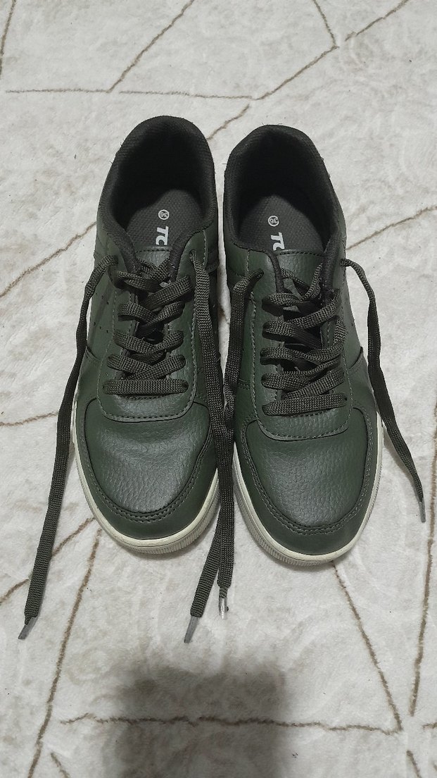 Kadın Haki Deri Kamuflaj Sneakers - Görsel 3