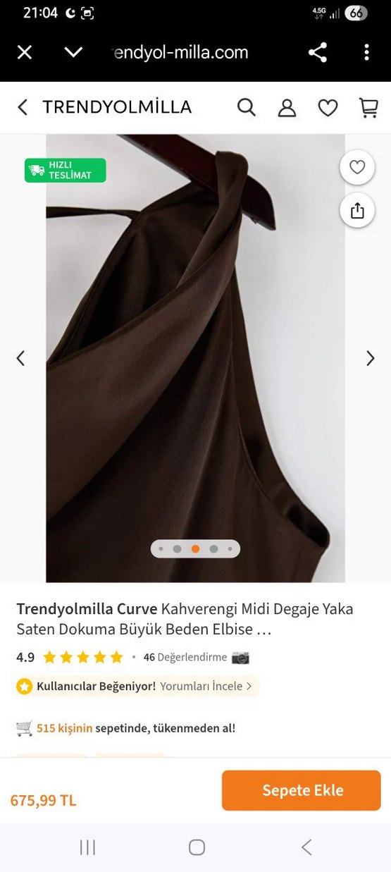 Kahverengi Saten Uzun Drapeli Elbise - Görsel 5