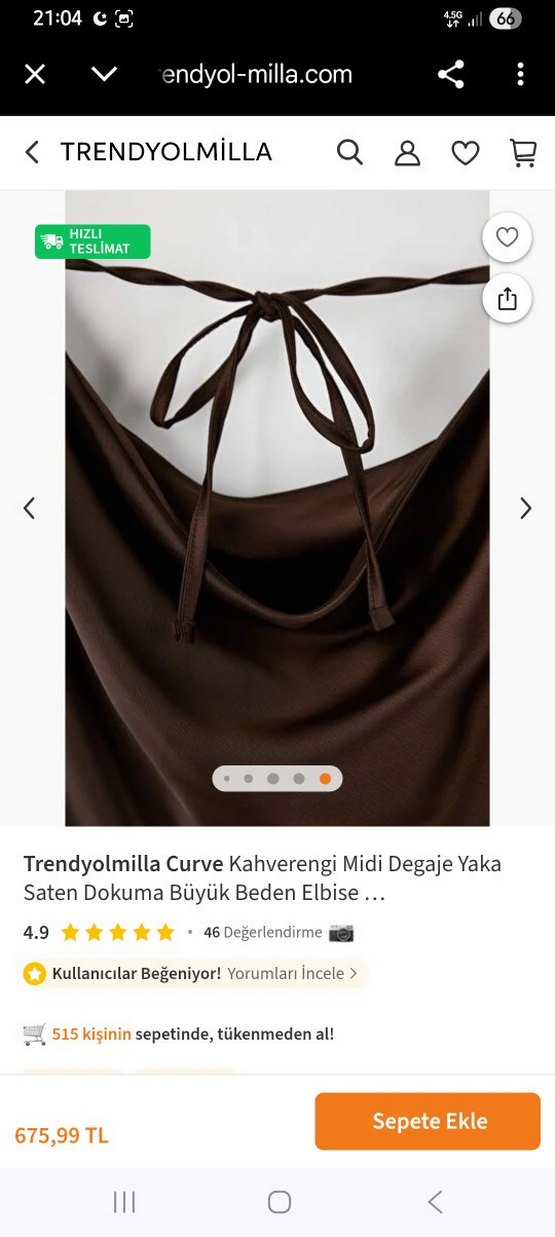 Kahverengi Saten Uzun Drapeli Elbise - Görsel 4