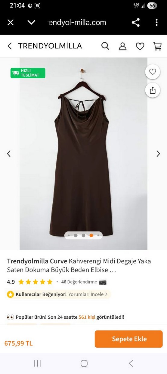 Kahverengi Saten Uzun Drapeli Elbise - Görsel 3