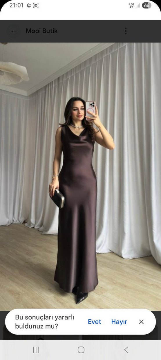 Kahverengi Saten Uzun Drapeli Elbise - Görsel 2