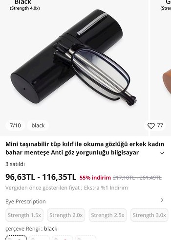 Siyah Katlanabilir Okuma Gözlüğü Tüp Kılıf