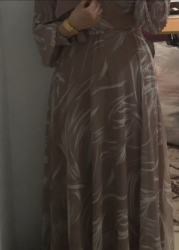 Uzun Kollu Bej Bohem Uzun Elbise - Görsel 5