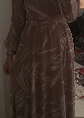 Uzun Kollu Bej Bohem Uzun Elbise - Görsel 3