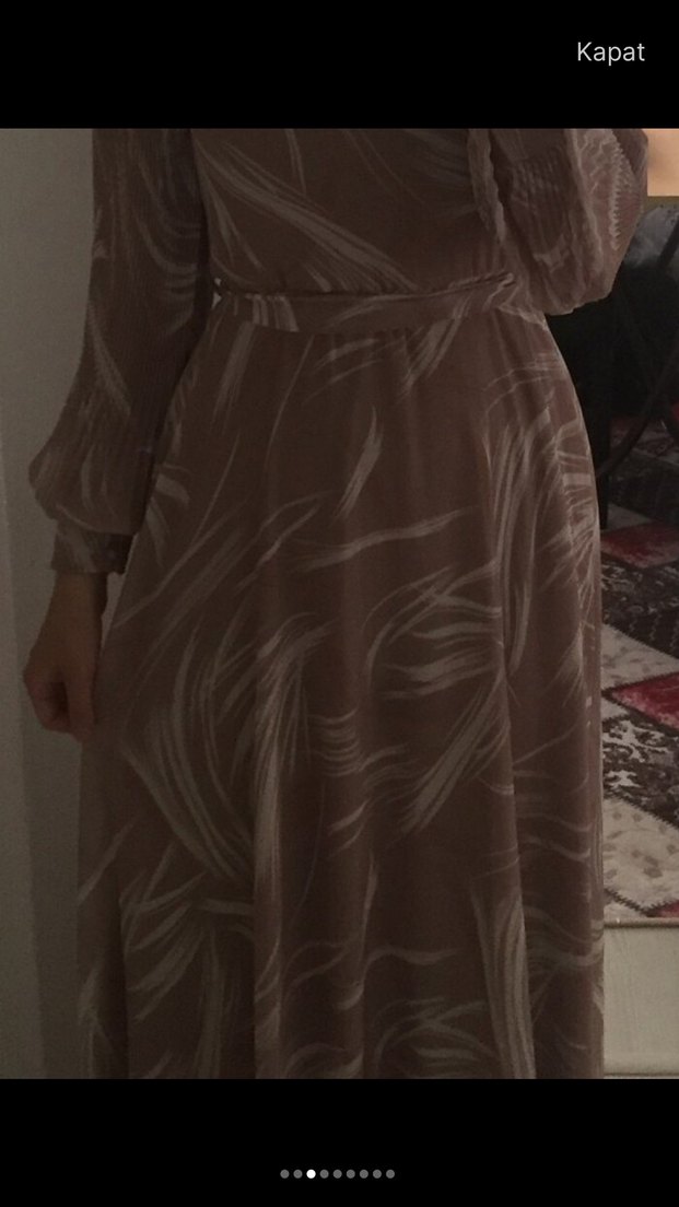 Uzun Kollu Bej Bohem Uzun Elbise - Görsel 3