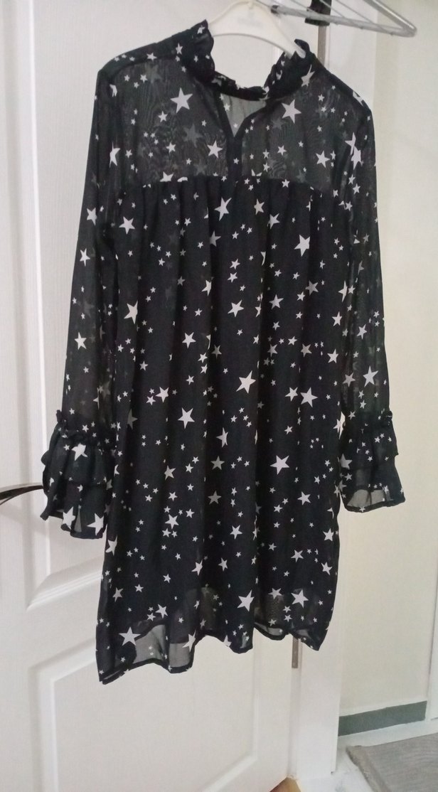 Uzun Kollu Siyah Yıldız Desenli Mini tunik Elbise - Görsel 2