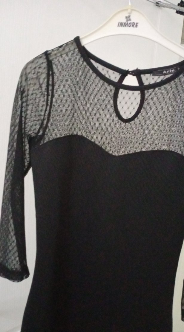 Dantel Detaylı Siyah Midi Gösterişli Elbise - Görsel 2