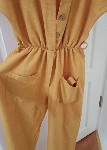 Düğmeli Sarı Keten Kadın Tulum - Görsel 3