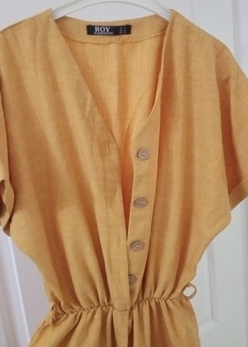 Düğmeli Sarı Keten Kadın Tulum - Görsel 2