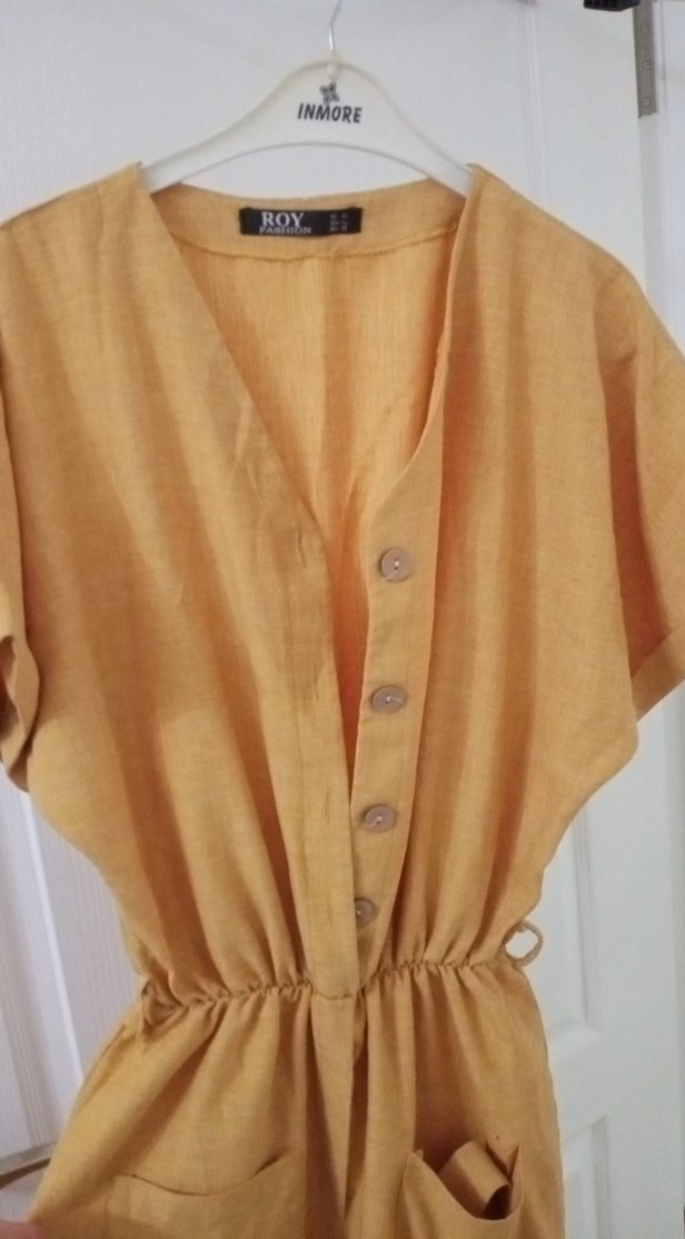 Düğmeli Sarı Keten Kadın Tulum - Görsel 2