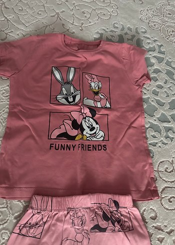 5 Yaş Beden pembe Renk Kız Çocuk Pembe Baskılı Kısa Kollu Pijama
