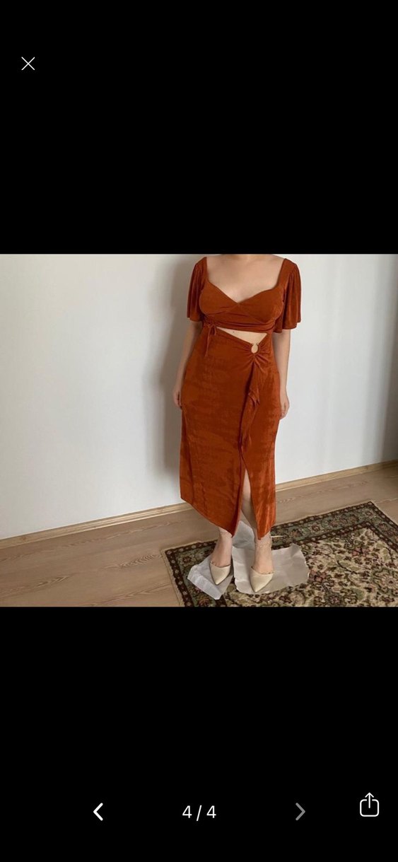 V Yaka Kahverengi Süet Uzun Elbise - Görsel 4