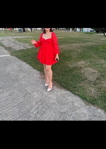 Kırmızı Mini V Yaka Fırfırlı Elbise - Görsel 4